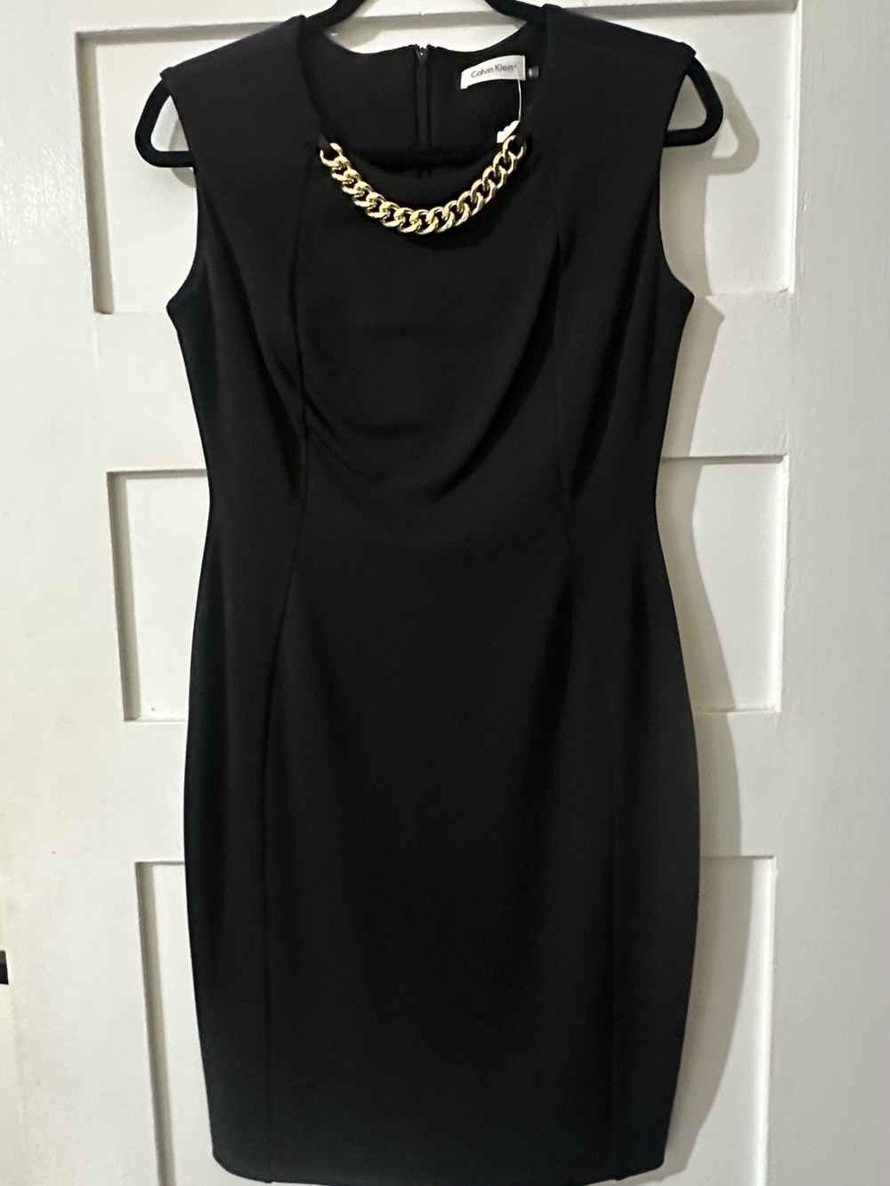 Calvin Klein Black Stretch Sleeveless Dress w Gold Chain Detail